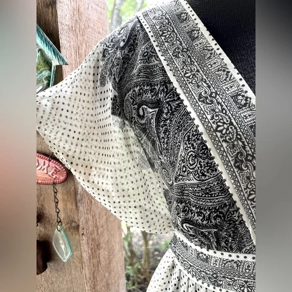 Vintage Adrianna Papell Silk Sheer Ivory & Black Polka Dot Flutter Sleeve Dress - Picture 4 of 12